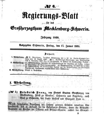 Regierungsblatt für Mecklenburg-Schwerin (Großherzoglich-Mecklenburg-Schwerinsches officielles Wochenblatt) Freitag 17. Januar 1868