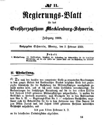Regierungsblatt für Mecklenburg-Schwerin (Großherzoglich-Mecklenburg-Schwerinsches officielles Wochenblatt) Montag 3. Februar 1868