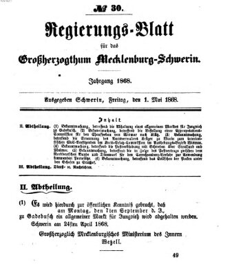 Regierungsblatt für Mecklenburg-Schwerin (Großherzoglich-Mecklenburg-Schwerinsches officielles Wochenblatt) Freitag 1. Mai 1868