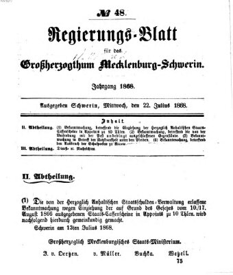 Regierungsblatt für Mecklenburg-Schwerin (Großherzoglich-Mecklenburg-Schwerinsches officielles Wochenblatt) Mittwoch 22. Juli 1868