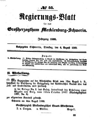 Regierungsblatt für Mecklenburg-Schwerin (Großherzoglich-Mecklenburg-Schwerinsches officielles Wochenblatt) Dienstag 4. August 1868