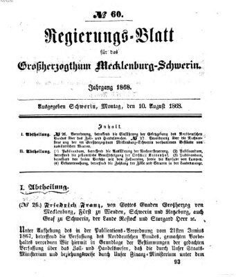 Regierungsblatt für Mecklenburg-Schwerin (Großherzoglich-Mecklenburg-Schwerinsches officielles Wochenblatt) Montag 10. August 1868