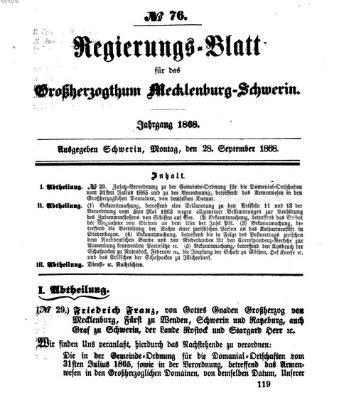 Regierungsblatt für Mecklenburg-Schwerin (Großherzoglich-Mecklenburg-Schwerinsches officielles Wochenblatt) Montag 28. September 1868