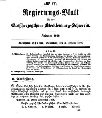 Regierungsblatt für Mecklenburg-Schwerin (Großherzoglich-Mecklenburg-Schwerinsches officielles Wochenblatt) Samstag 3. Oktober 1868
