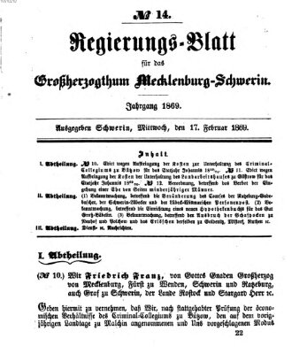 Regierungsblatt für Mecklenburg-Schwerin (Großherzoglich-Mecklenburg-Schwerinsches officielles Wochenblatt) Mittwoch 17. Februar 1869