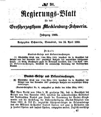 Regierungsblatt für Mecklenburg-Schwerin (Großherzoglich-Mecklenburg-Schwerinsches officielles Wochenblatt) Samstag 24. April 1869