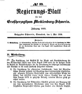 Regierungsblatt für Mecklenburg-Schwerin (Großherzoglich-Mecklenburg-Schwerinsches officielles Wochenblatt) Samstag 1. Mai 1869