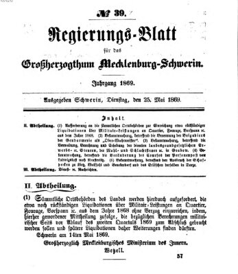Regierungsblatt für Mecklenburg-Schwerin (Großherzoglich-Mecklenburg-Schwerinsches officielles Wochenblatt) Dienstag 25. Mai 1869