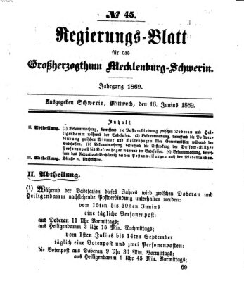 Regierungsblatt für Mecklenburg-Schwerin (Großherzoglich-Mecklenburg-Schwerinsches officielles Wochenblatt) Mittwoch 16. Juni 1869
