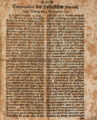 Historisches Journal Montag 3. September 1731