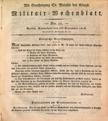 Militär-Wochenblatt Samstag 7. September 1816