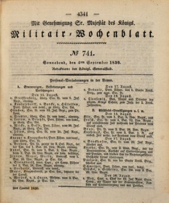 Militär-Wochenblatt Samstag 4. September 1830