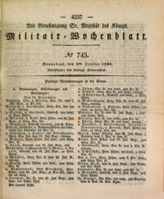 Militär-Wochenblatt Samstag 2. Oktober 1830