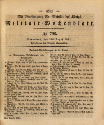 Militär-Wochenblatt Samstag 13. August 1831