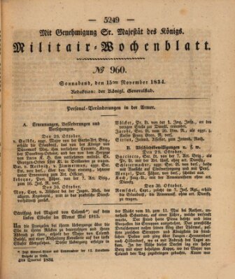 Militär-Wochenblatt Samstag 15. November 1834