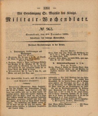 Militär-Wochenblatt Samstag 6. Dezember 1834
