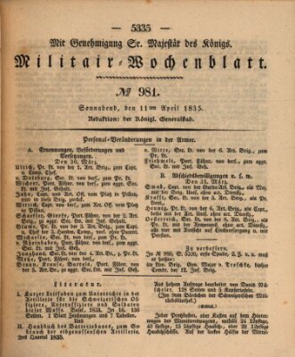 Militär-Wochenblatt Samstag 11. April 1835