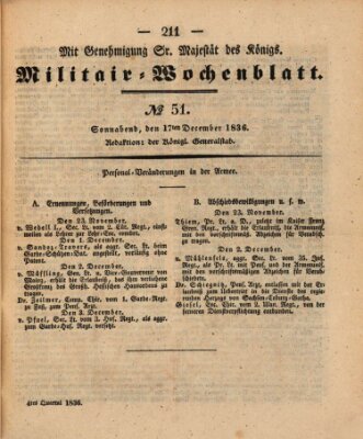 Militär-Wochenblatt Samstag 17. Dezember 1836