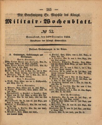 Militär-Wochenblatt Samstag 24. Dezember 1836