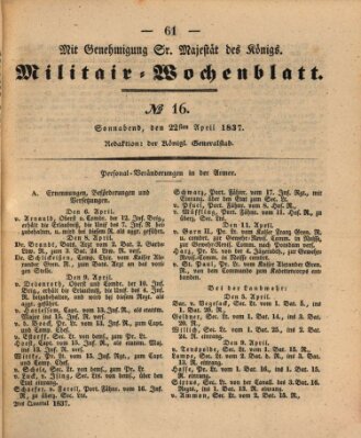 Militär-Wochenblatt Samstag 22. April 1837