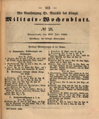 Militär-Wochenblatt Samstag 13. Juli 1839