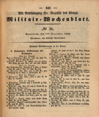 Militär-Wochenblatt Samstag 7. September 1839