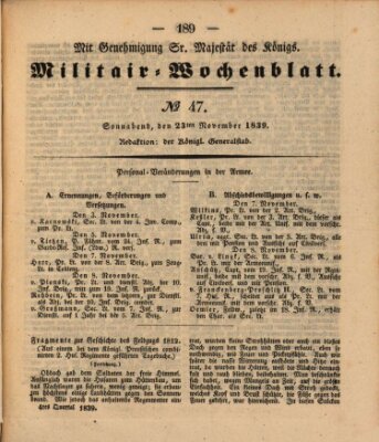 Militär-Wochenblatt Samstag 23. November 1839