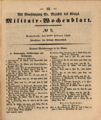 Militär-Wochenblatt Samstag 29. Februar 1840