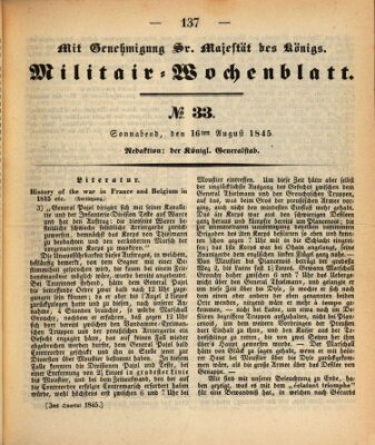 Militär-Wochenblatt Samstag 16. August 1845