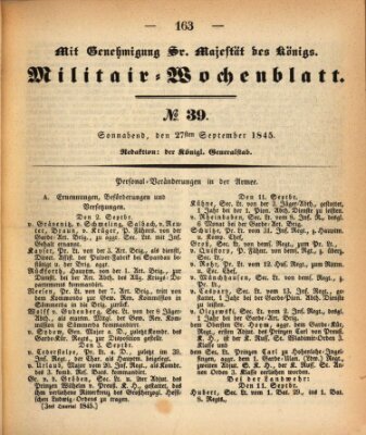 Militär-Wochenblatt Samstag 27. September 1845