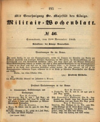 Militär-Wochenblatt Samstag 15. November 1845