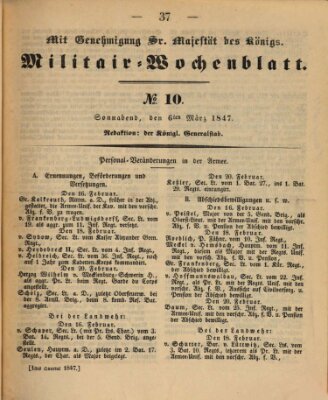 Militär-Wochenblatt Samstag 6. März 1847