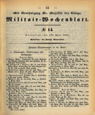 Militär-Wochenblatt Samstag 1. April 1848
