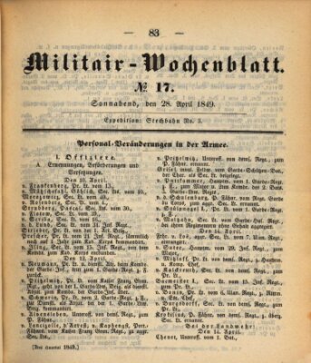 Militär-Wochenblatt Samstag 28. April 1849