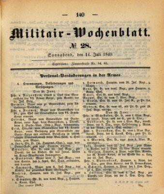 Militär-Wochenblatt Samstag 14. Juli 1849
