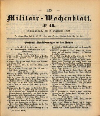 Militär-Wochenblatt Samstag 8. Dezember 1849