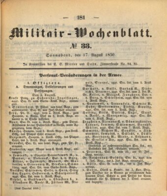 Militär-Wochenblatt Samstag 17. August 1850