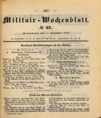 Militär-Wochenblatt Samstag 14. September 1850