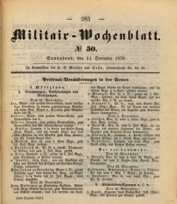 Militär-Wochenblatt Samstag 14. Dezember 1850