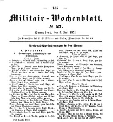Militär-Wochenblatt Samstag 5. Juli 1851
