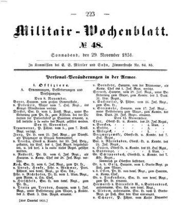 Militär-Wochenblatt Samstag 29. November 1851