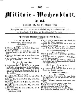Militär-Wochenblatt Samstag 21. August 1852
