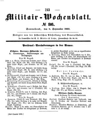 Militär-Wochenblatt Samstag 8. September 1860