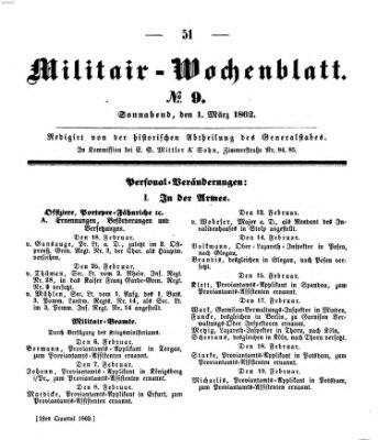 Militär-Wochenblatt Samstag 1. März 1862