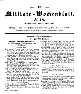Militär-Wochenblatt Samstag 3. Mai 1862