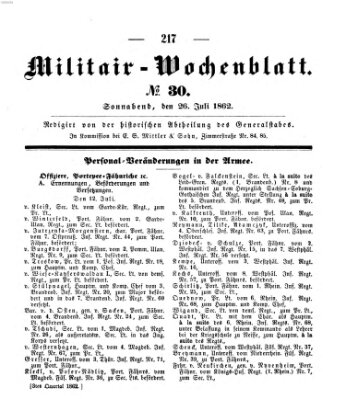Militär-Wochenblatt Samstag 26. Juli 1862