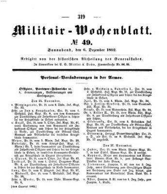 Militär-Wochenblatt Samstag 6. Dezember 1862