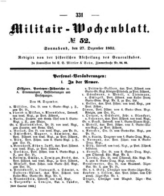 Militär-Wochenblatt Samstag 27. Dezember 1862