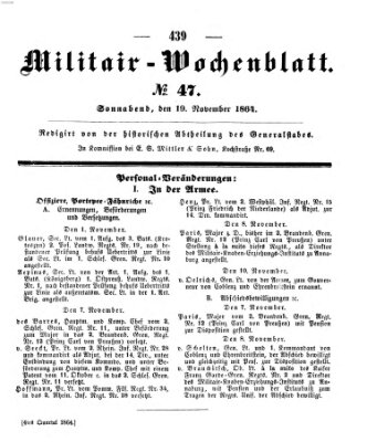 Militär-Wochenblatt Samstag 19. November 1864