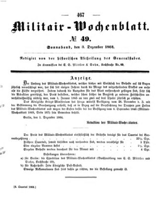Militär-Wochenblatt Samstag 3. Dezember 1864
